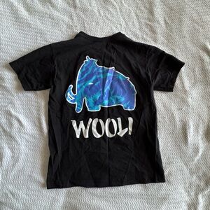 Black Wooli graphic tee shirt with blue mammoth